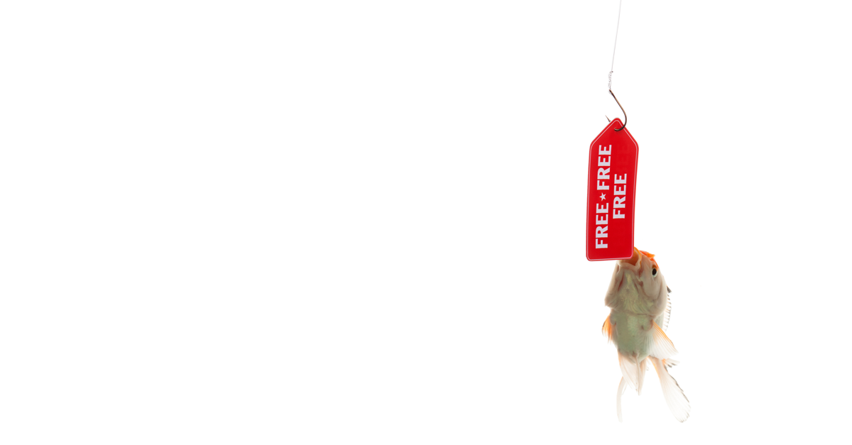 phishing concept with goldfish nibbling at red "free free" sign attached with fish hook